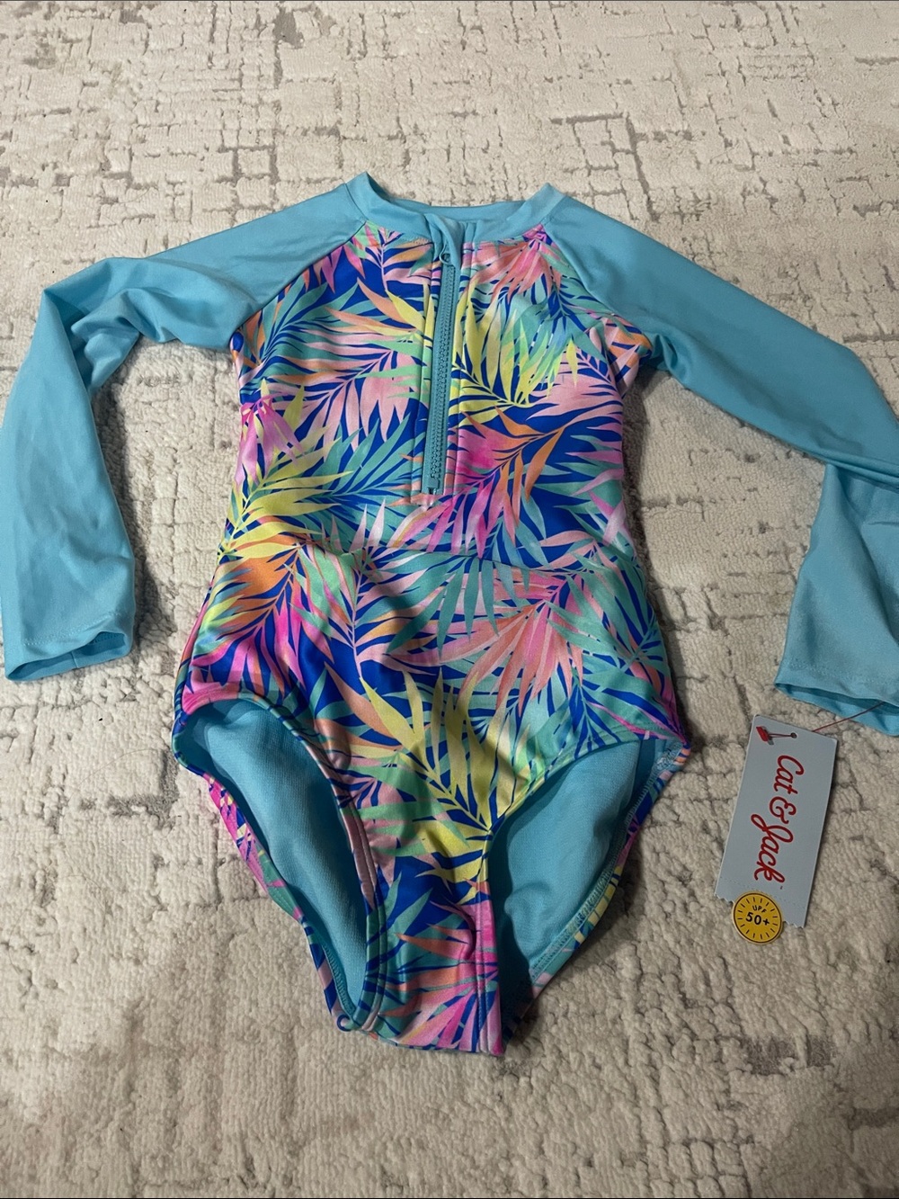 Cat & Jack Girls' Long Sleeve Tropical Print One-Piece Swimsuit - Light Blue